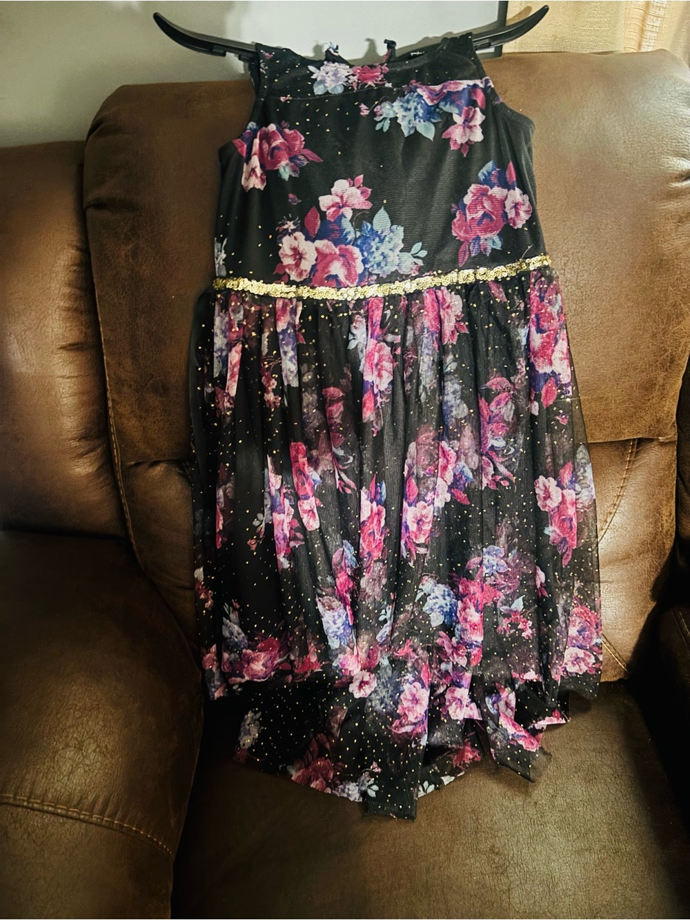 lilt Black Floral High-Low Dress with Gold Sequin Waistband
